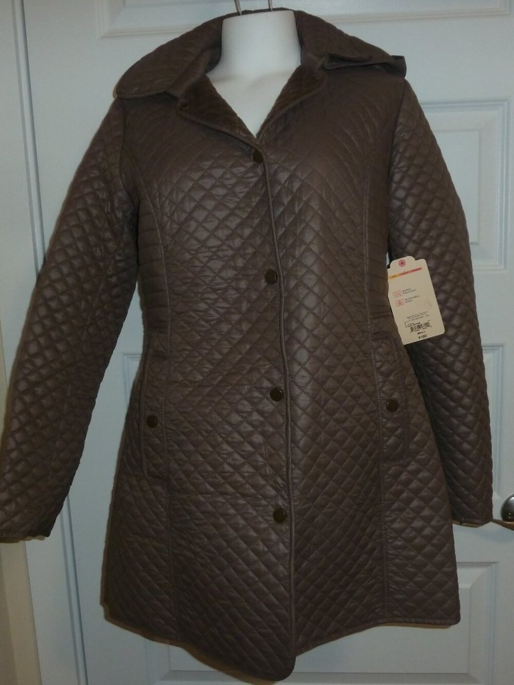 St John's Bay Size S Cafe Brown Quilted Jacket Removeable Hood Fleece Lined Coat